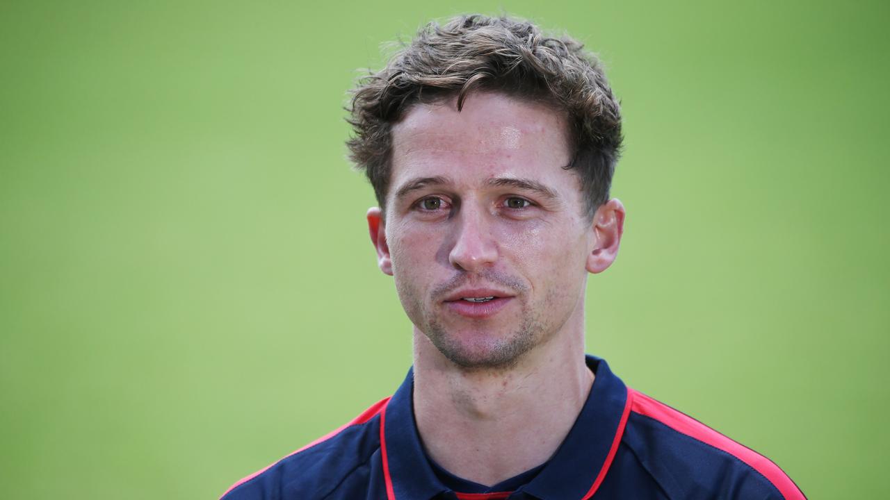 Jack Billings spoke to reporters in his new Melbourne colours for the first time on Wednesday at the Demons’ pre-season camp in Lorne. Picture: Brendan Beckett