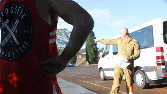 BATTLE READY: Bombardier Thomas Hart (and Lismore Swans forward) took the Australian Football Club senior men's squad through a special training session at the 41st Battalion, Royal New South Wales Regiment, on Tuesday March 10, 2021. Photo: Alison Paterson