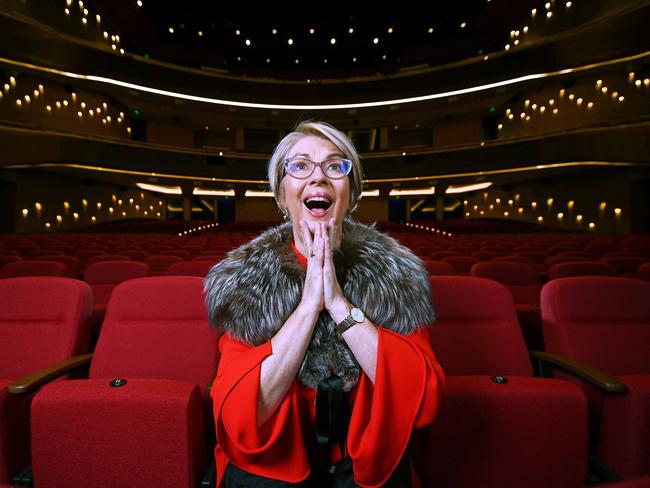 Channel 7’s Jane Doyle takes a seat in the new auditorium at Her Majesty's Theatre in Adelaide. Picture: Mark Brake