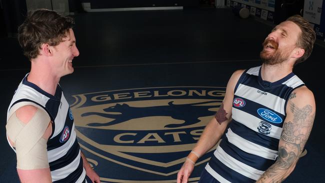 Teammates from two different worlds — Bews and Tuohy love a laugh. Picture: Mark Wilson