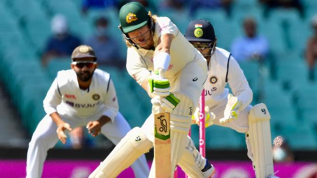 Will Pucovski plays a straight bat during his accomplished debut innings at the Sydney Cricket Ground Picture: AFP