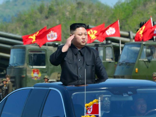 Kim Jong-Un attending the combined fire demonstration of the services of the Korean People's Army. Picture: AP