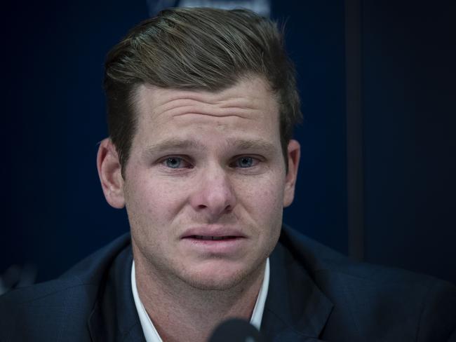 SYDNEY, NEW SOUTH WALES - MARCH 29:  Australian Test cricketer Steve Smith fronts the media at Sydney International Airport on March 29, 2018 in Sydney, Australia. Steve Smith, David Warner and Cameron Bancroft were flown back to Australia following investigations into alleged ball tampering in South Africa.  (Photo by Brook Mitchell/Getty Images)