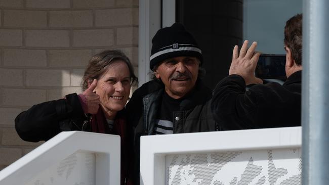 Derek Bromley, centre, released from jail after more than 40 years behind bars, with long-time supporter Robyn Milera. Picture: Naomi Jellicoe