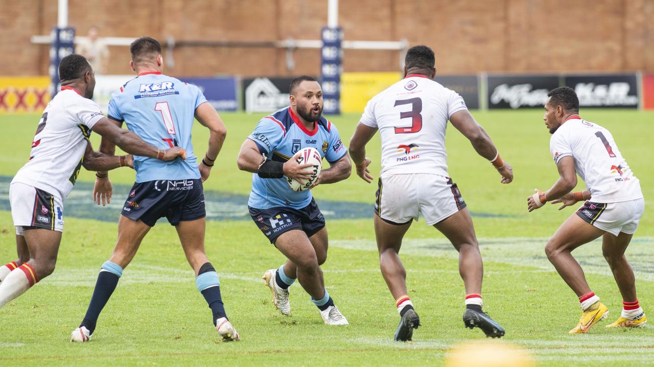 Melino Fineanganofo takes on the PNG Hunters in the Western Clydesdales first home game of the 2023 season. Picture: Nev Madsen.