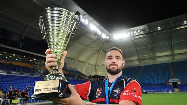 17th October 2020, Runaway Bay Seagulls Captains Darcy Sims celebrates winning the Gold Coast Rugby League A-Grade Grand Final against the Burleigh Bears played at CBus Stadium Photo: Scott Powick Newscorp