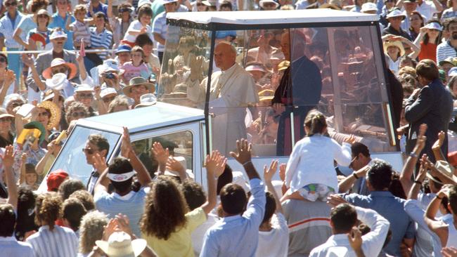 Catholic leader Pope John Paul II with Archbishop of Adelaide Leonard Faulkner  during the pontiff’s visit to Adelaide in 1986.