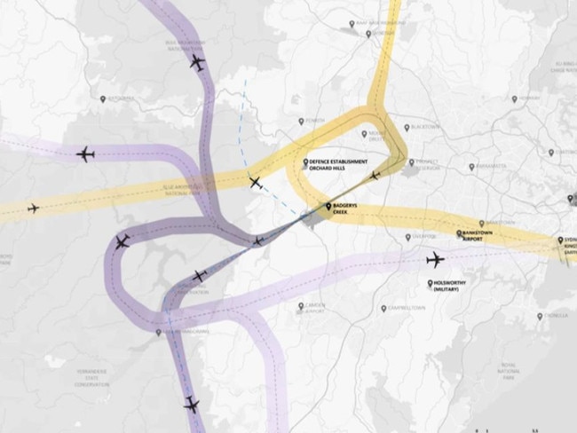 Preliminary flight paths for daytime arrivals and departures from Runway 23 at Western Sydney Airport. Picture: Department of Infrastructure