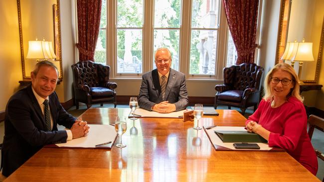 Premier Roger Cook and Deputy Premier Rita Saffioti visit Government House to advise the Governor of WA the Honourable Chris Dawson to issue the writs for the forthcoming state election. Picture: ABC/Pool.