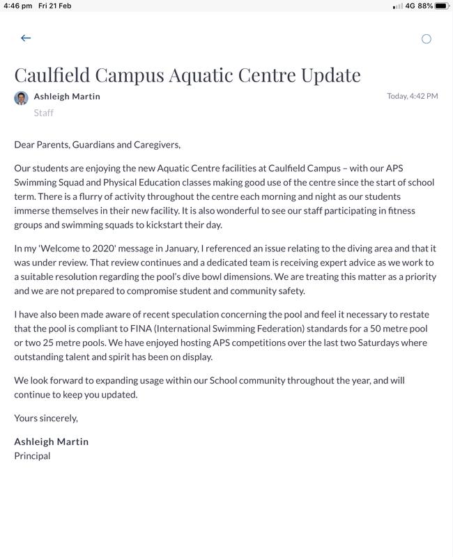 Caulfield Grammar principal Ashleigh Martin’s letter. Picture: Supplied