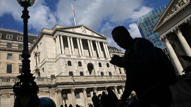 The Bank of England in central London. It says the British economy is facing a ‘challenging’ outlook with it likely to enter a recession from the December quarter. Picture: AFP