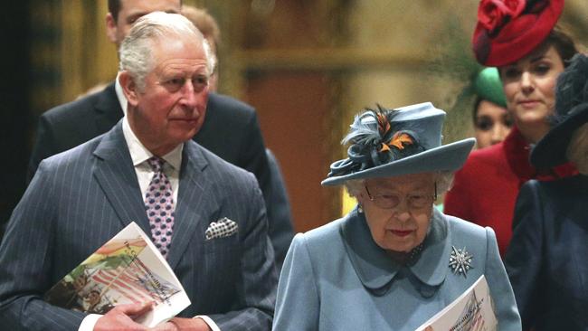 Queen Elizabeth and Prince Charles leave after the Commonwealth Service at Westminster Abbey, London on March 9. Picture: AP.