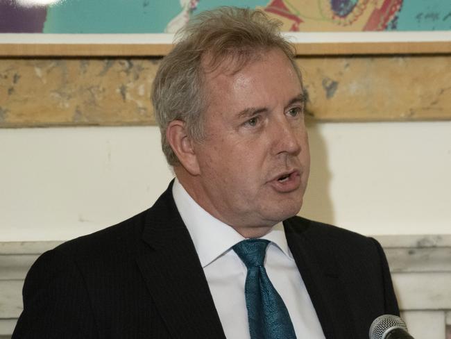 In this Friday, Oct. 20, 2017 photo, British Ambassador Kim Darroch hosts a National Economists Club event at the British Embassy in Washington. Leaked diplomatic cables published Sunday, July 7,2 019, in a British newspaper reveal that Britain's ambassador to the United States described President Donald Trump's administration as 