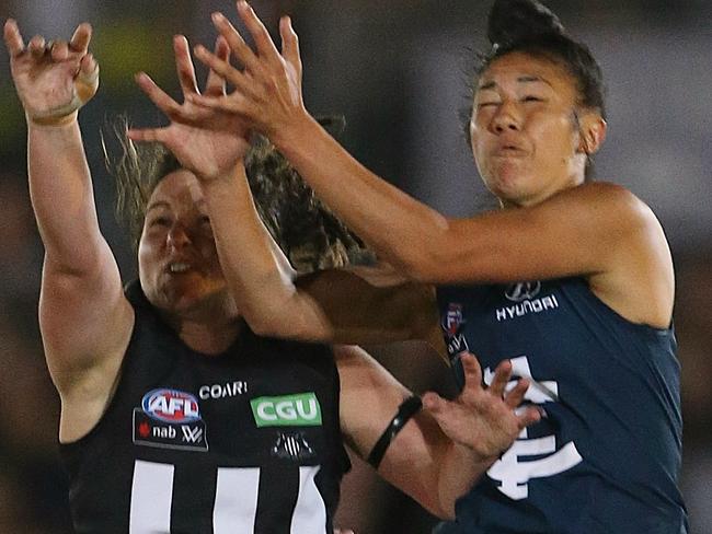 AFLW - Pies vs Blues Carlton forward Darcy Vescio leaps high in the third term PictureWayne Ludbey