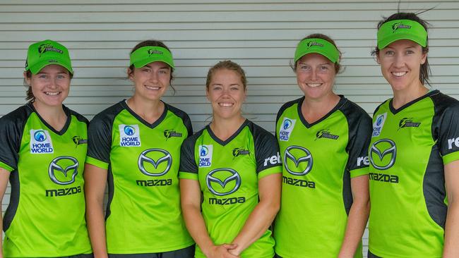 Sydney Thunder WBBL stars (L-R) Tahlia Wilson, Kate Peterson, Naomi Stalenberg, Rene Farrell and Lisa Griffith will be at Blacktown International SportsPark on Thursday to meet fans at the team’s Open Day.