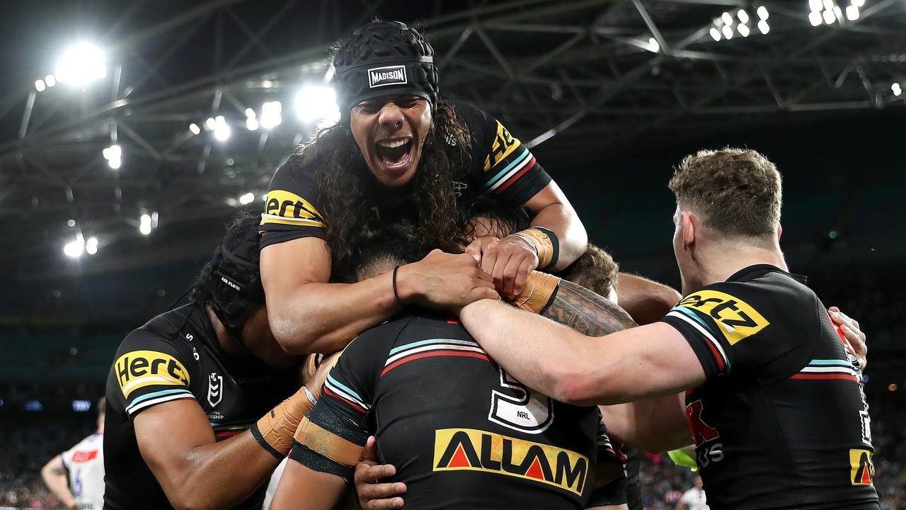 SYDNEY, AUSTRALIA - SEPTEMBER 22: Brian To'o of the Panthers celebrates with teammates after scoring a try during the NRL Preliminary Final match between the Penrith Panthers and Melbourne Storm at Accor Stadium on September 22, 2023 in Sydney, Australia. (Photo by Brendon Thorne/Getty Images)