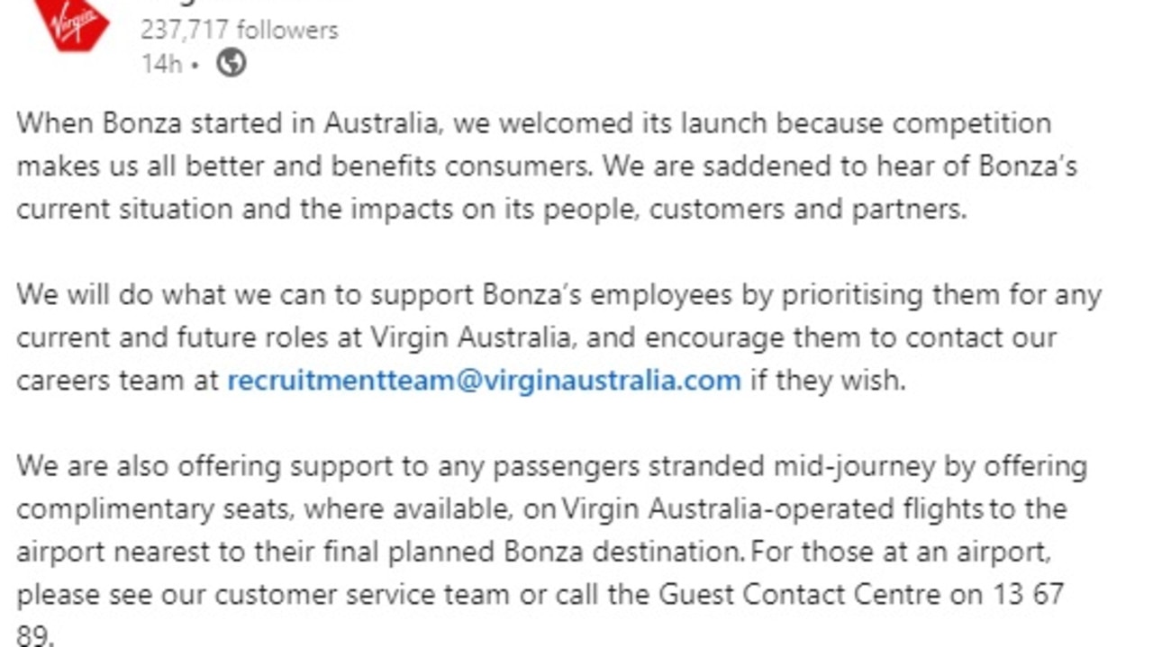 Virgin said it was ‘saddened’ by rival airline Bonza’s situation.