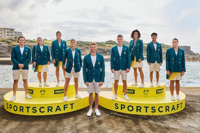 The Australian Olympic uniforms designed by Sportscraft, unveiled at Sydney's Clovelly Beach on April 17, 2024. Image credit: supplied