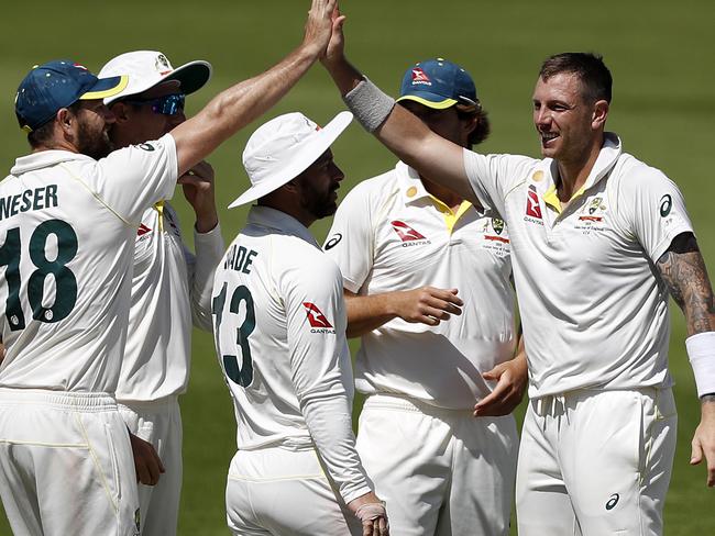 SOUTHAMPTON, ENGLAND - JULY 24: James Pattinson of Graeme Hick XII celebrates after taking the wicket of Marnus Labuschagne of Brad Haddin XII during day two of the Australian Cricket Team Ashes Tour match between Brad Haddin XII and Graeme Hick XII at The Ageas Bowl on July 24, 2019 in Southampton, England. (Photo by Ryan Pierse/Getty Images)