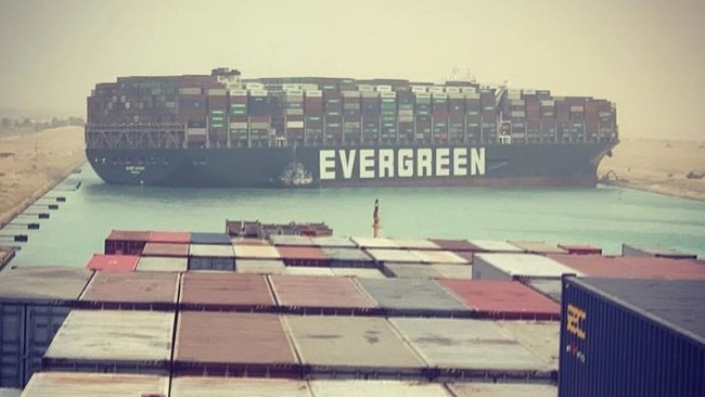 The Evergreen cargo ship turned sideways in the Suez Canal, blocking all traffic at the busy waterway. Picture: Julianne Cona