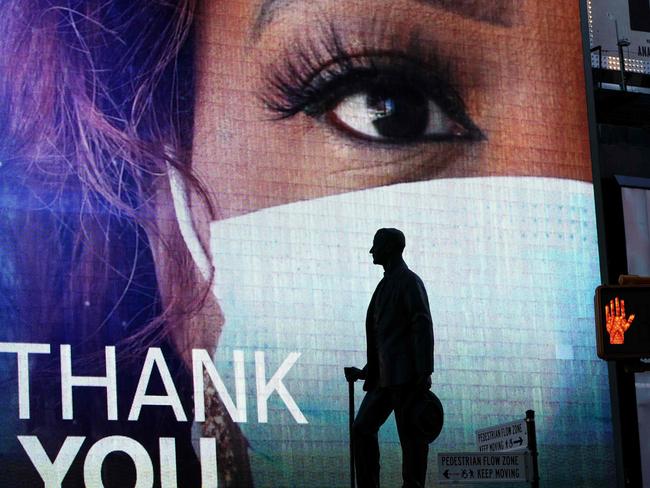 A digital billboard in Times Square gives thanks to the city’s medical workers. Picture: AFP