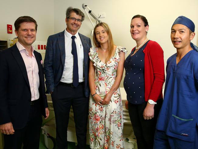 Sabella returned to the Lady Cilento Children’s Hospital in Brisbane from her home in Emerald to see doctors including Dr Stuart Bade, Dr Peter Rowan, Zoe Jones (OT), and Dr Trung Du. Picture: Adam Head