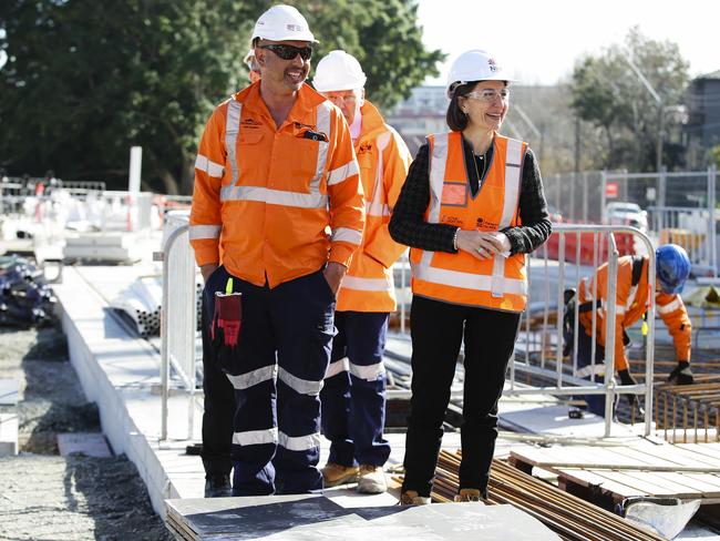 Premier Gladys Berejiklian inspects progress on the Sydney Light Rail at Randwick on Wednesday with general foreman Tori McGinity. Picture: Justin Lloyd