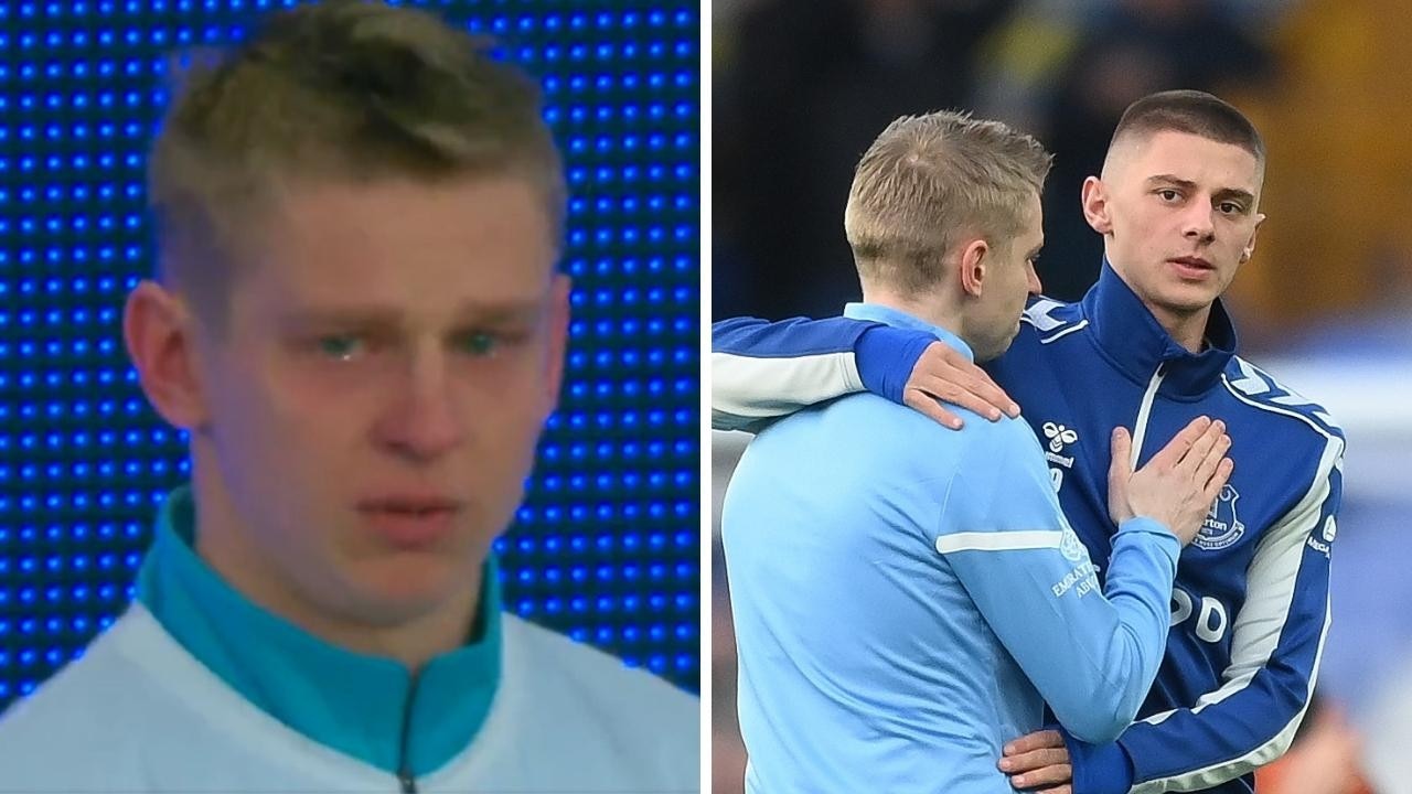 Oleksandr Zinchenko of Manchester City embraces fellow countryman Vitaliy Mykolenko of Everton. Photo by Michael Regan/Getty Images and Twitter, Football Daily.