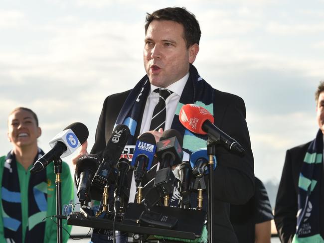 Football Federation Australia CEO James Johnson speaks to the media alongside Australian and New Zealand footballers and other officials in Sydney on June 26, 2020, after Australia and New Zealand won hosting rights for the 2023 Women's World Cup. - Football lovers in Australia and New Zealand offered rare praise for FIFA's transparency after the southern hemisphere neighbours were chosen to host the 2023 women's World Cup. (Photo by PETER PARKS / AFP) / -- IMAGE RESTRICTED TO EDITORIAL USE - STRICTLY NO COMMERCIAL USE --