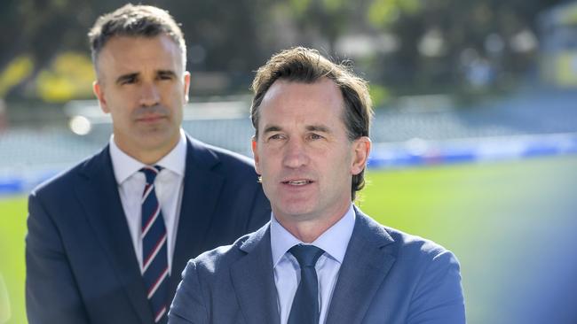 ADELAIDE, AUSTRALIA - NewsWire Photos JUNE 19 2023: SA Premier Peter Malinauskas  (L) and Acting AFL CEO Andrew Dillon (R) at Adelaide Oval to announce the Gather Round 2024 dates. Picture: NCA NewsWire / Roy VanDerVegt