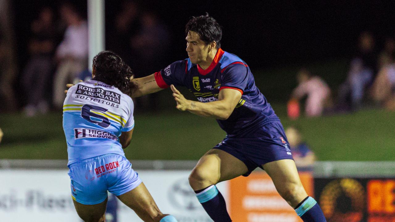 Emry Pere makes a tackle during the Western Clydesdales’ round 7 clash with Norths Devils. Picture: Benny Hassum Photography.