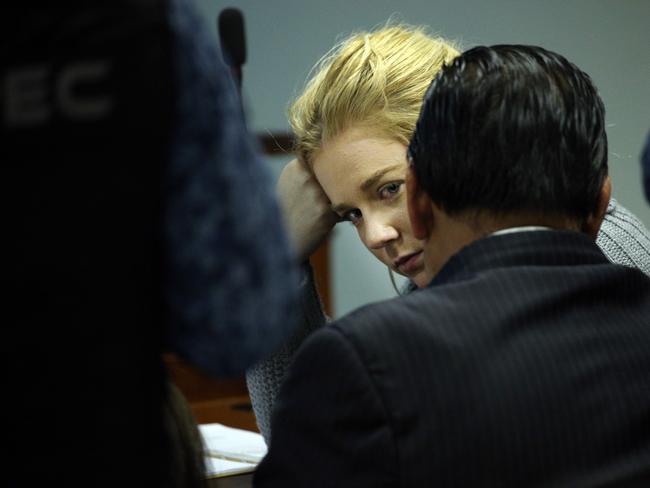 Accused Australian drug mule Cassie Sainsbury with her lawyer, Orlando Herran, in a Bogota court. Picture: Gary Ramage