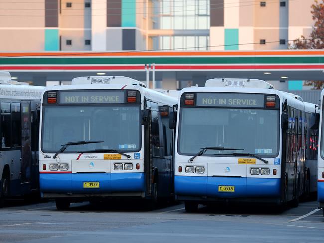 Buses sit still at Burwood station during today’s strike. Picture: John Grainger