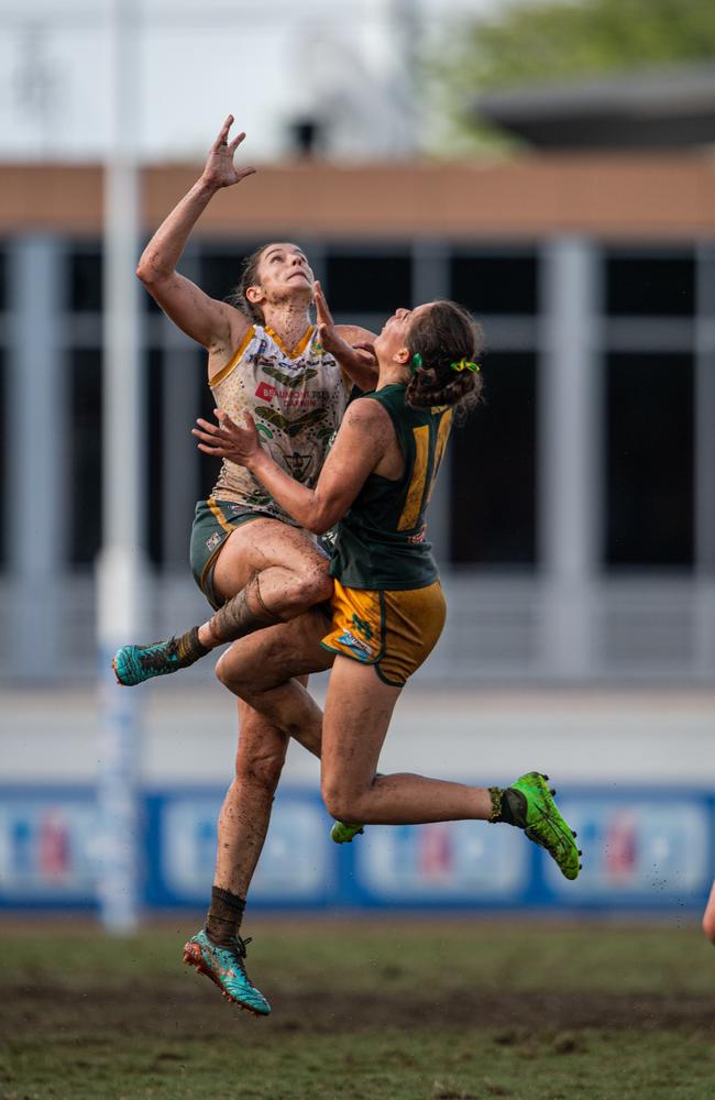 Jasmyn Hewett and Paula Pavic in the 2023-24 NTFL Women's Grand Final between PINT and St Mary's. Picture: Pema Tamang Pakhrin