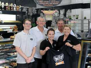 Josh Williams, Clete Rayner, Carley Mofat, Kerry Moffat and Barb Moffat at the Gracemere Bakery. Picture: Jann Houley