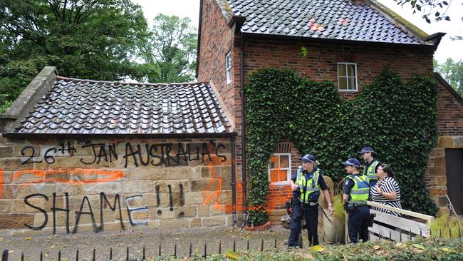 Captain Cook's Cottage in East Melbourne was vandalised with anti-Australia Day messages in 2014. Picture: Andrew Henshaw