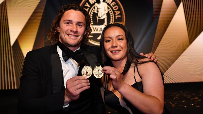 Nicho Hynes and Raecene McGregor at last year’s Dally Ms. The RLPA is threatening a boycott of this year’s awards. Picture: NRL Photos