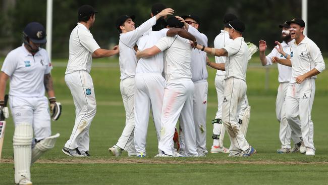 Heidelberg celebrates a wicket in last summer’s DVCA Barclay Shield semi-final against Epping. Picture: Stuart Milligan