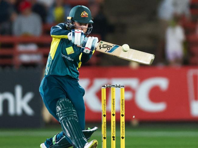 Australiaâs Phoebe Litchfield hits a six during their T20 international women cricket match against Australia at the North Sydney Oval in Sydney on October 2, 2023. (Photo by DAVID GRAY / AFP) / -- IMAGE RESTRICTED TO EDITORIAL USE - STRICTLY NO COMMERCIAL USE --