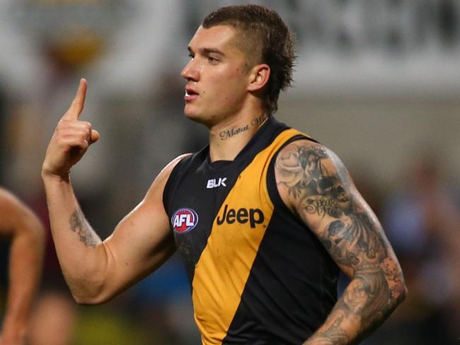 Richmond’s Dustin Martin celebrates a goal against West Coast. Picture: Paul Kane