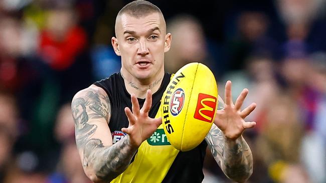 MELBOURNE, AUSTRALIA - JULY 30: Dustin Martin of the Tigers in action during the 2023 AFL Round 20 match between the Richmond Tigers and the Melbourne Demons at Melbourne Cricket Ground on July 30, 2023 in Melbourne, Australia. (Photo by Dylan Burns/AFL Photos via Getty Images)