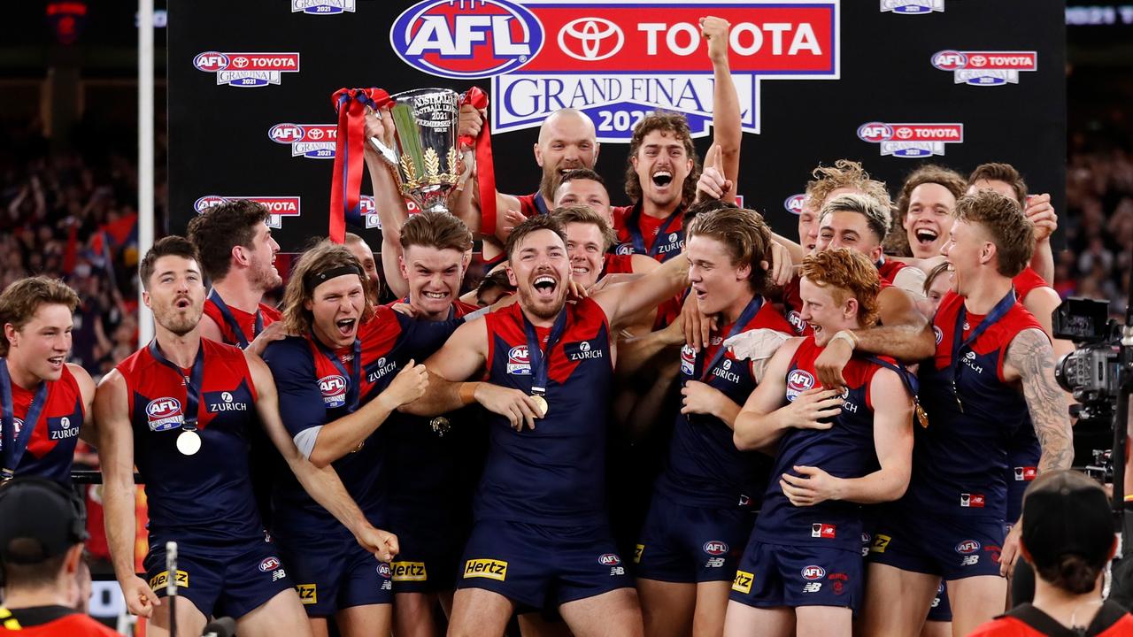 The Demons celebrate after their premiership triumph. Picture: Michael Willson