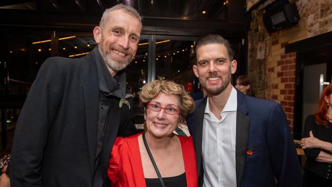 Australian Dance Theatre benefactor and outgoing board member Professor Ruth Rentschler with ADT executive director Nick Hays and artistic director Daniel Riley. Picture: Supplied