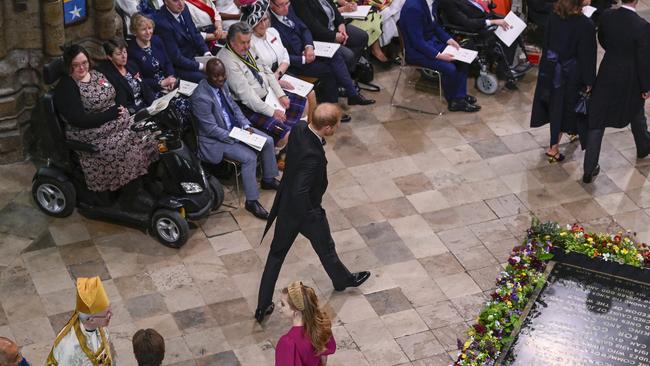 The Duke of Sussex made his way through the Abbey alone. Picture: Getty