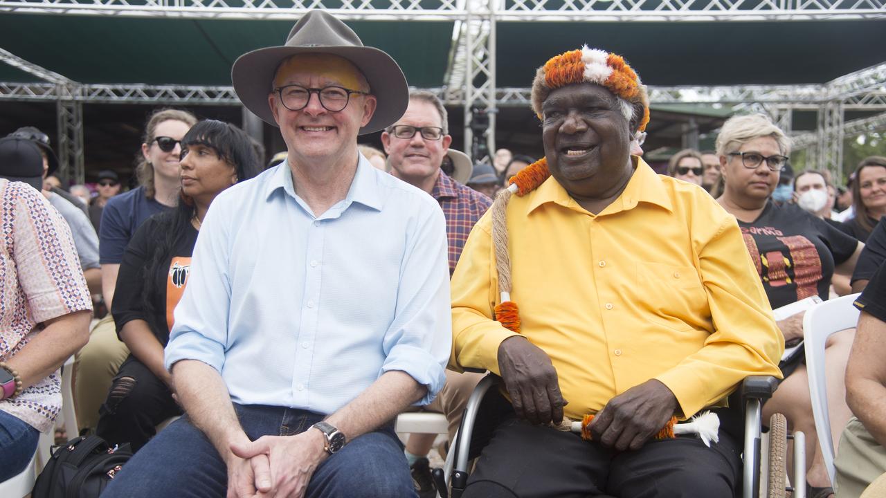 Prime Minister Anthony Albanese with Yothu Yindi Foundation Chair Galarrwuy Yunupingu the Garma Festival in northeast Arnhem Land, Northern Territory last week.