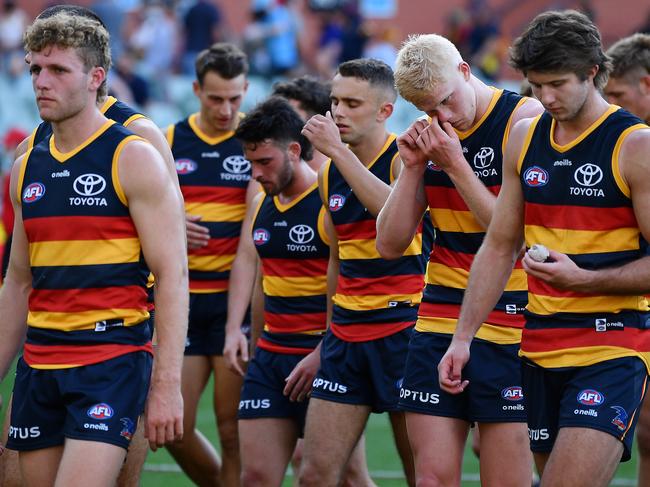 ADELAIDE, AUSTRALIA - MAY 01: Dejected Crows players leave the ground after the round seven AFL match between the Adelaide Crows and the Greater Western Sydney Giants at Adelaide Oval on May 01, 2021 in Adelaide, Australia. (Photo by Mark Brake/Getty Images)