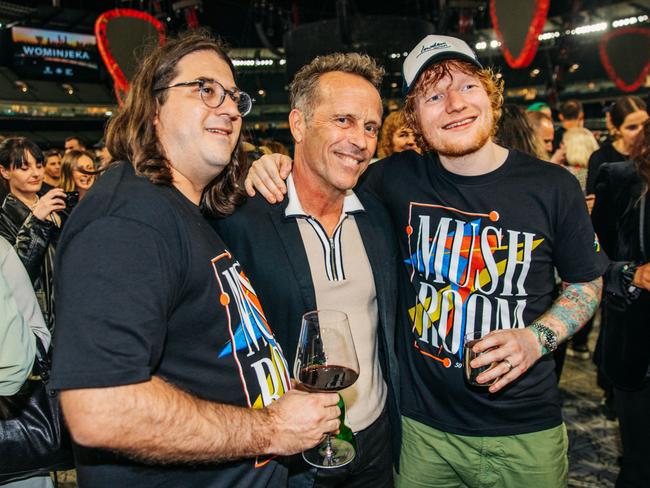 Mushroom Group chief Matt Gudinski, Mark Seymour and Ed Sheeran at the MCG. Picture: Brian Purnell