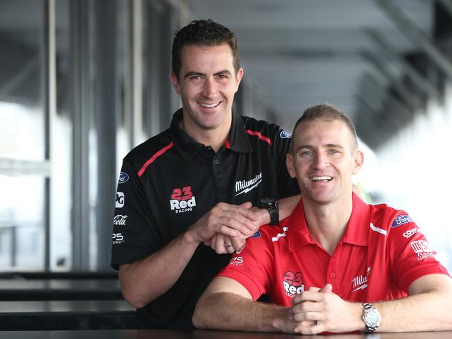 V8 Supercars Press Call at V8 Pitlane in Surfers Paradise. Brothers in racing and life ,Will Davison and Alex Davison (black) in pit lane before the GC 600. Picture Glenn Hampson