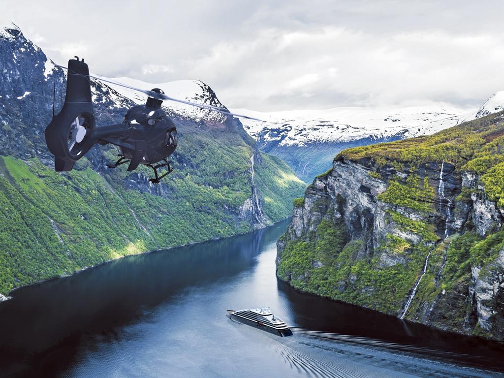 The Scenic Eclipse helicopter takes guests to remote places for unparalleled views over the world’s best natural locations. Picture: Supplied