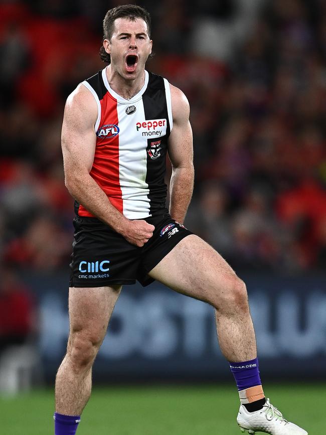 Jack ‘not so missy’ Higgins of the Saints celebrates a goal. Picture: Getty Images